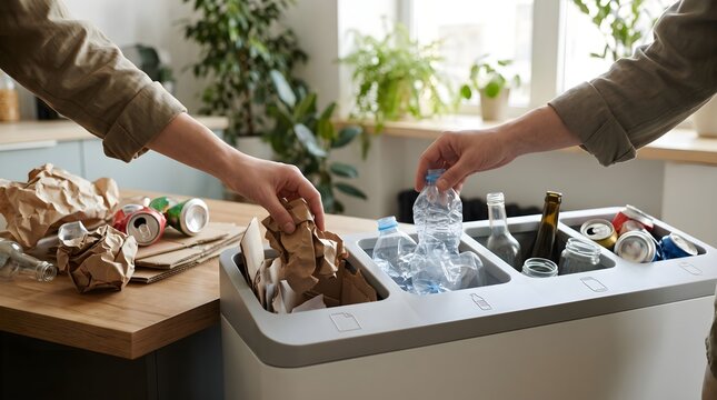 Hands separating recyclable household materials into different containers, illustrating responsible waste management, recycling habits, circular economy, and environmental sustainability.