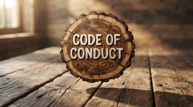 Wooden slice displaying code of conduct text on rustic plank surface