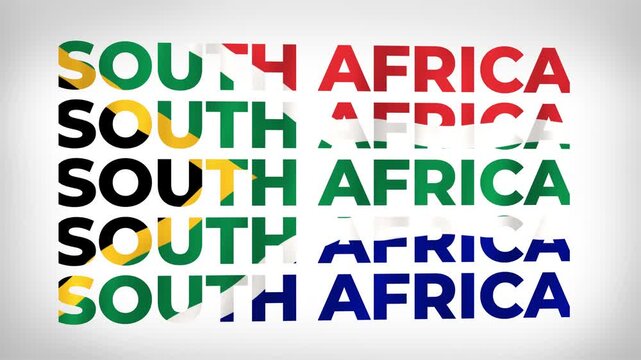 South Africa country 3D animated text bold lettering in repeated stacked rows styled with the national colours and patterns of the flag waving in the wind world emblem banner on a white background