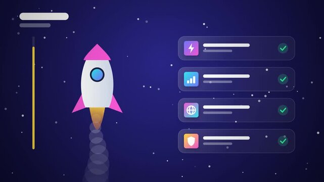 Rocket launch progress interface animation with checkmarks
