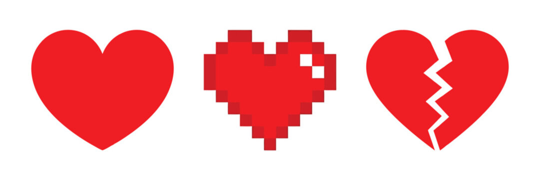 Heart icon set. Broken, pixelated, and solid red heart designs representing love, romance, heartbreak, affection, and emotional connection.