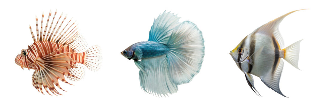 Lionfish and angelfish marine fish asset set for aquarium branding tropical packaging education and coastal design