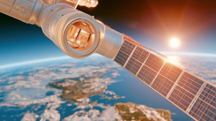 Fototapeta premium Earth curve below with landmasses, cloud cover, space station module, solar array, glowing window, orbiting during sunrise, space exploration technology