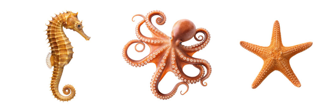 Marine animals seahorse octopus and starfish ocean assets for coastal branding education and design