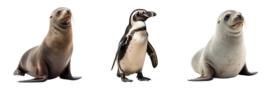 Sea lion penguin and seal, marine wildlife assets for coastal education branding and travel design