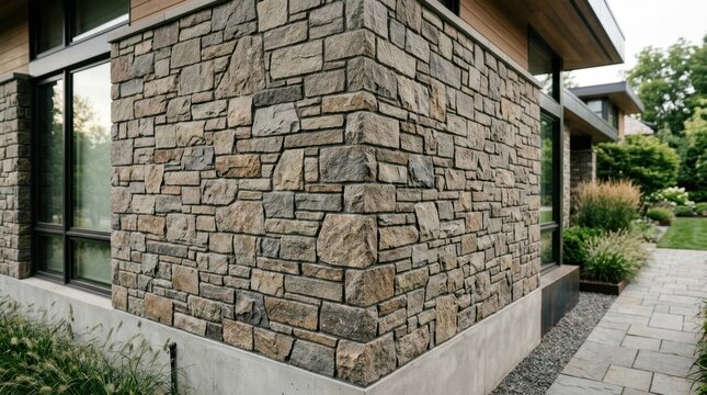 Modern home exterior wall clad with natural stone in rustic earth tones.