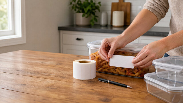 Hands putting blank date label on leftovers