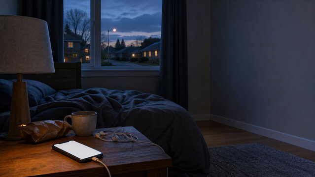 Glowing phone on cluttered nightstand at night
