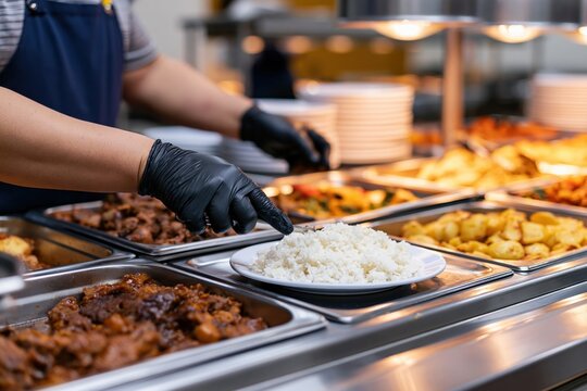 The Rice Plate Being Served at a Busy Buffet Line