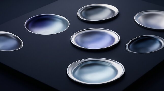 Six Reflectors &mdash; Concave Metallic Discs on Matte Dark Surface