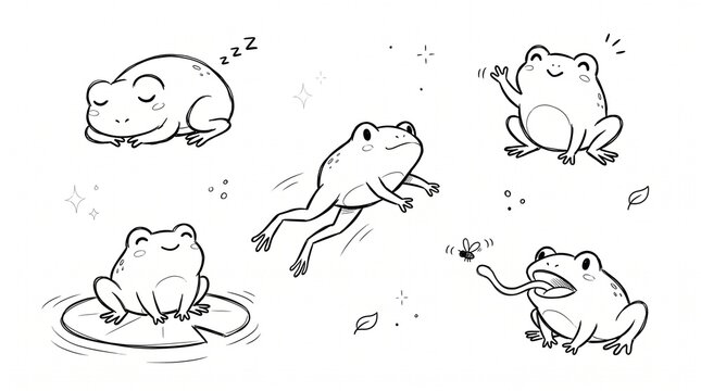 Set of cute hand drawn frog doodles in black and white line art style.