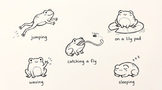 Set of cute hand drawn frog illustrations showing different actions and poses.