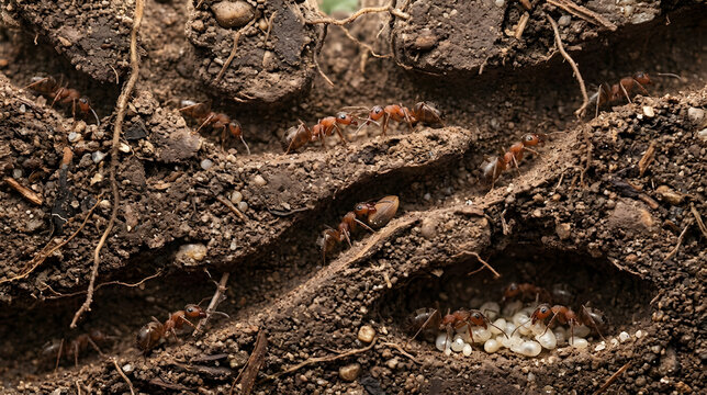 Cross-section view of a bustling ant colony nest in the soil, showing worker ants tending to eggs and larvae within intricate tunnels and chambers