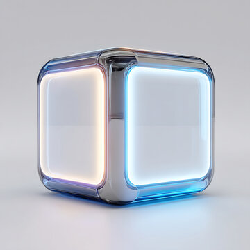 Futuristic glowing cube with chrome frame and neon light effect 3D rendered