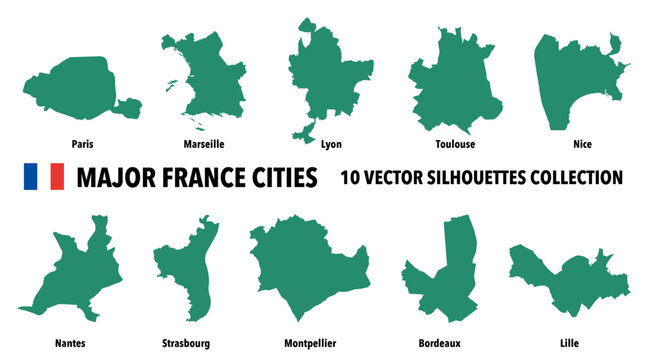 Lot de silhouettes de cartes de villes fran&ccedil;aises incluant Paris, Marseille, Lyon, Toulouse, Nice, Nantes et Strasbourg