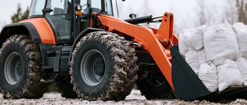 Orange tractor with mud-caked tires lifting white sacks in a muddy field