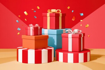 Fototapeta premium Stacked gift boxes in red, blue, orange and white with ribbons and falling confetti against red backdrop, holiday celebration concept
