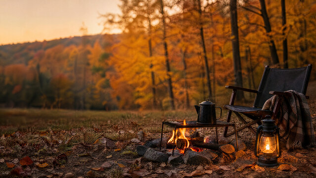 Campfire with Kettle Lantern and Chair in Autumn Forest