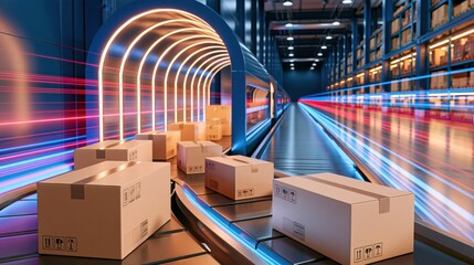 Fototapeta premium Cardboard boxes on conveyor belt passing through glowing archway with motion light trails, logistics automation