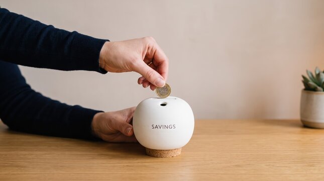 Person inserting coin into white savings piggy bank on wooden table, financial planning saving money investment budgeting concept for future security.