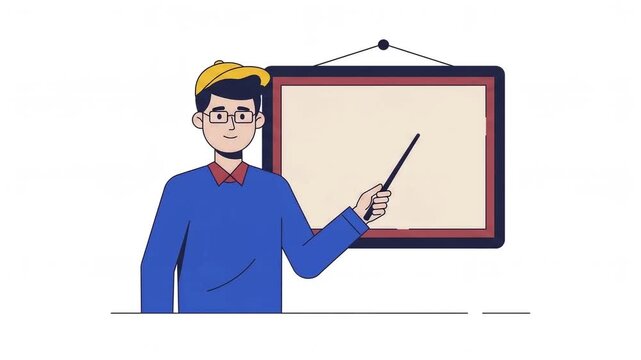 Cartoon male teacher pointing to whiteboard with stick in educational presentation animation on white background.