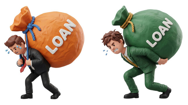 Loan debt financial burden concept 3D illustration. Businessman characters carrying heavy sacks labeled with loan text on their backs. Commercial financial stress graphics.