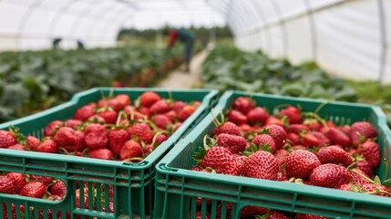 Fototapeta premium The Strawberry Harvest in a Bright Greenhouse: Baskets, Rows, and Fresh Produce
