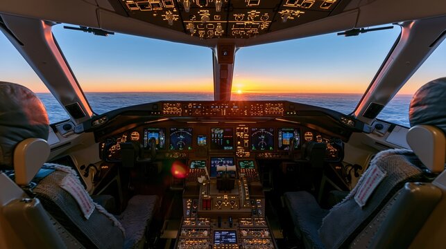 The Cockpit View at Sunset Over Open Ocean Horizon During Flight