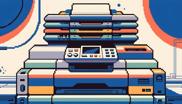 Pixel art printer illustration and office technology graphics. Retro computing and nostalgia themes. Digital printer machine depicted in a retro pixel art style with vibrant colors