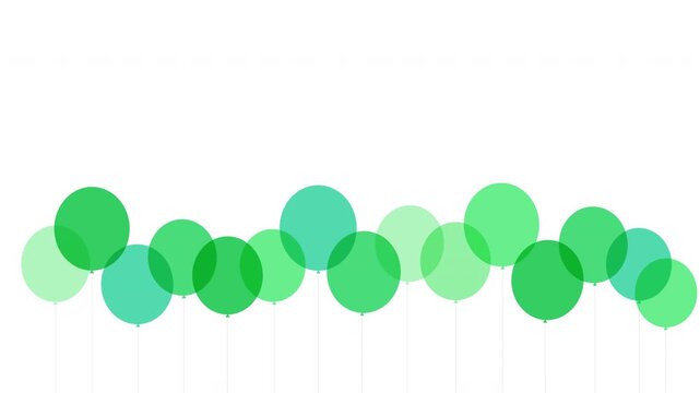 Super smooth, pre-rendered animated translucent flat green balloons lined up horizontally. Elements pop in and out sequentially from left to right in a 10-second perfect loop. Text has been removed.