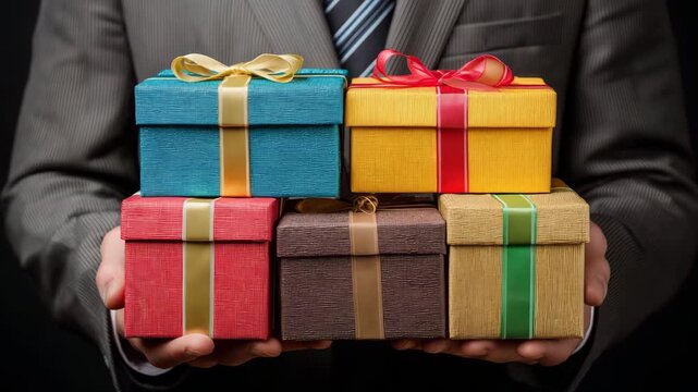 A person holds four wrapped gift boxes in different colors in a