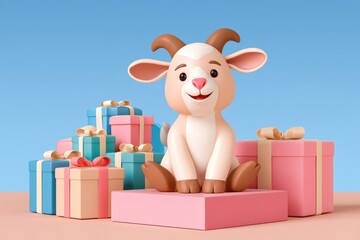 Fototapeta premium Pastel gift boxes with ribbon bows and cute cartoon goat sitting proudly on pink pedestal, holiday celebration concept