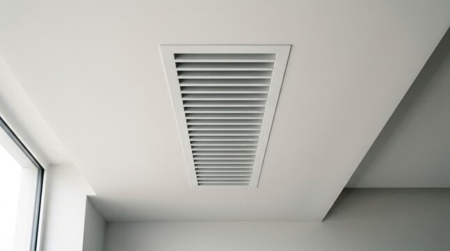 Rectangular white ceiling air vent with horizontal slats for ventilation in modern interior.