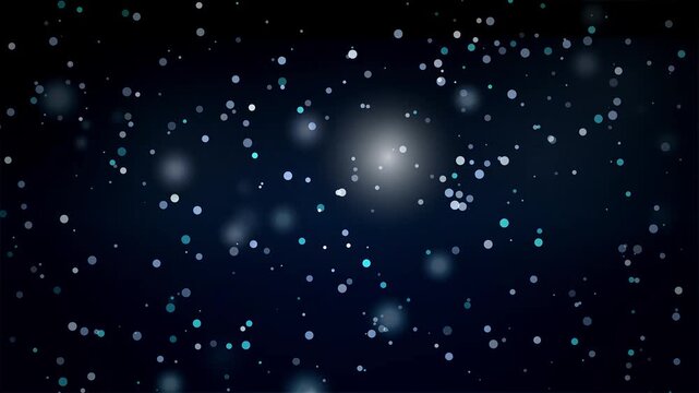 Abstract particle background with glowing white dust and bokeh lights, magical floating glitter particles on dark dark blue texture, ideal for overlay and video transition