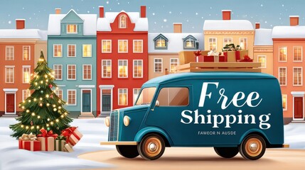 Fototapeta premium Blue delivery van with free shipping text and gift boxes on roof, parked near lit Christmas tree and snowy townhouses, holiday delivery concept