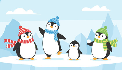 Fototapeta premium Cute penguin family with four members wearing colorful knitted winter hats and scarves on snowy iceberg.