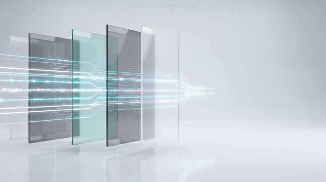 Layered vertical glass panels filtering glowing digital circuit lines representing secure data transmission