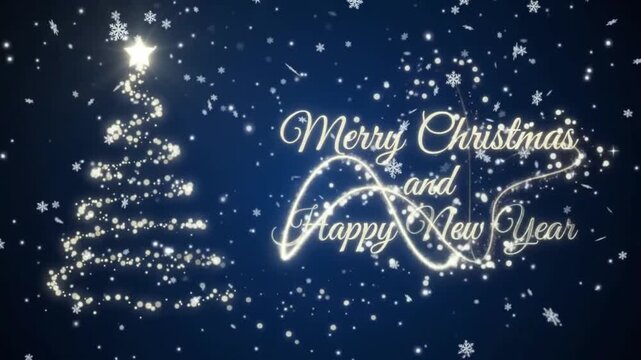 Merry Christmas and Happy New Year greeting card with magical tree snow