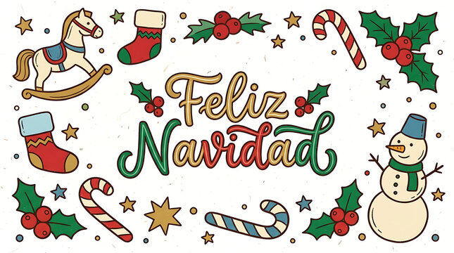 Christmas doodles and Feliz Navidad text are illustrated on a clean transparent background.