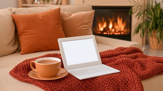 Beige sofa with laptop and ceramic cup resting on deep terracotta knitted blanket near burning fireplace