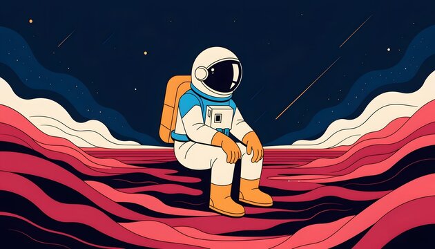 Astronaut in space exploring a surreal alien planet. Cosmic adventure and sci-fi discovery themes. Astronaut sitting alone on a red cosmic landscape under a starry night sky