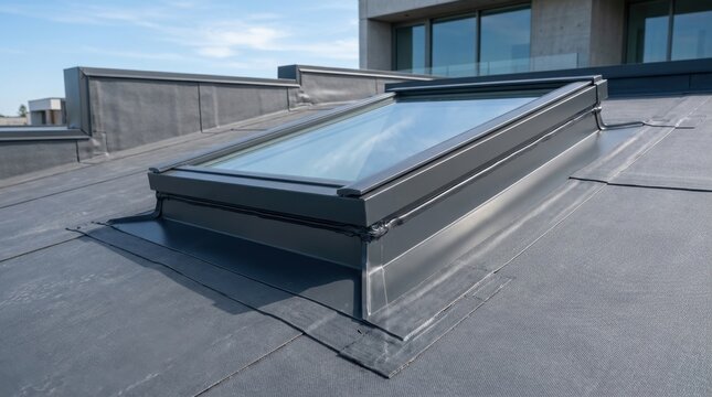 Skylight window installed on a flat grey rooftop with waterproof membrane.