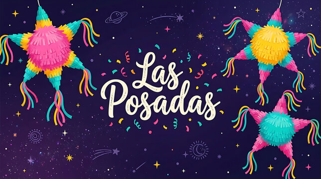 Pinatas in vibrant colors surround the festive lettering Las Posadas on a dark purple background filled with stars and confetti.