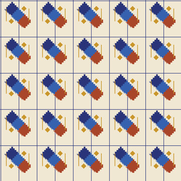 Seamless parang tile with diagonal stepped diamonds in indigo rust