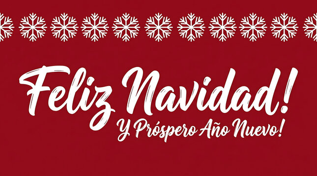 Spanish Christmas greeting banner displays Feliz Navidad text with a snowflake border on red background.