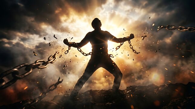 Silhouette of a man breaking metal chains against a dramatic sunset