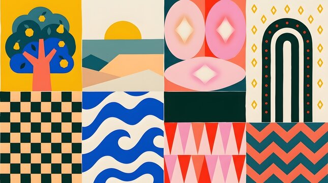 Modern mid century abstract art collage and geometric design. Retro graphic pattern and eclectic wall art concepts. Multi paneled composition featuring nature, sun, and abstract shapes