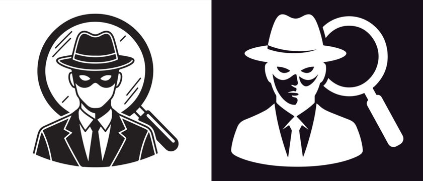 Masked spy or thief avatar silhouette with magnifying glass, symbolizing crime, mystery, and investigation.