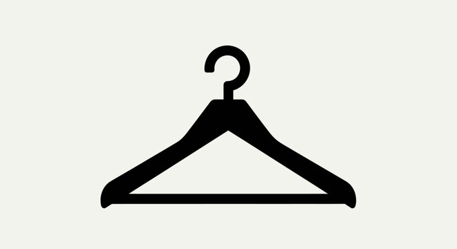 A simple black icon of a clothes hanger isolated on a light background