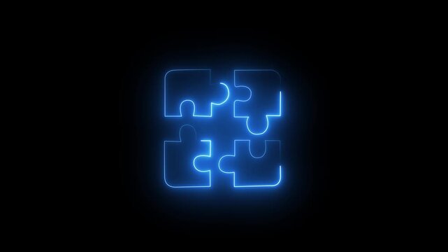 Glowing Neon Puzzle Pieces Connecting Together in Dark Background, Abstract Motion Graphic Animation for Business Strategy and Teamwork Solutions